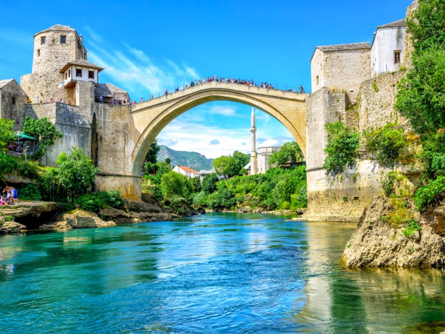 View of Mostar Bridge in Bosnia and Herzegovina from Neretva River