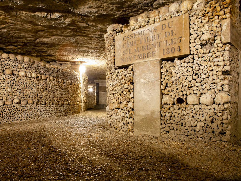 Underground burial sites at the Catacombs of Paris