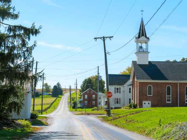 Street lined with church and farmhouses in York, Pennsylvania