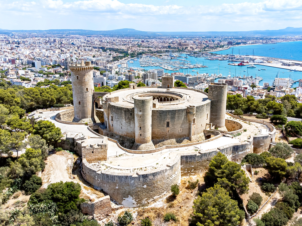 Aerial view of Bellver Castle on island of Mallorca, Spain