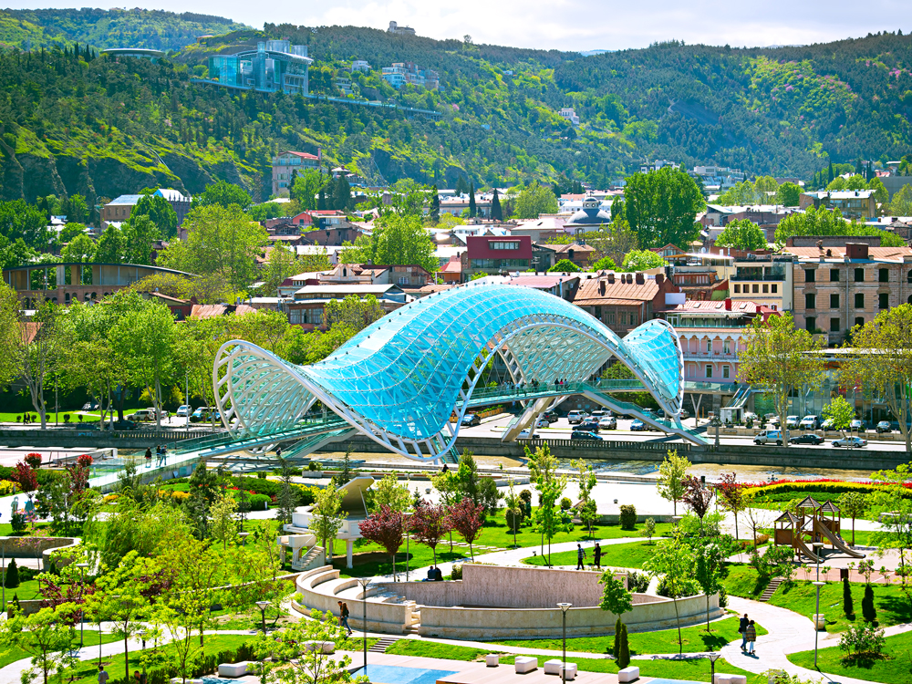 Bridge of Peace and surrounding park in Tbilisi, Georgia, seen from above