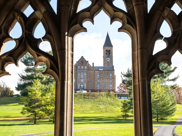 McGraw Tower at Cornell University in Ithaca, New York, seen through ornamental archway