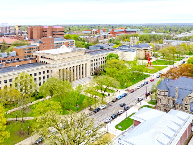 Aerial view of University of Michigan campus in Ann Arbor