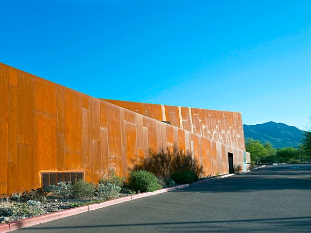 Brushed metal exterior of Arabian Library in Scottsdale, Arizona