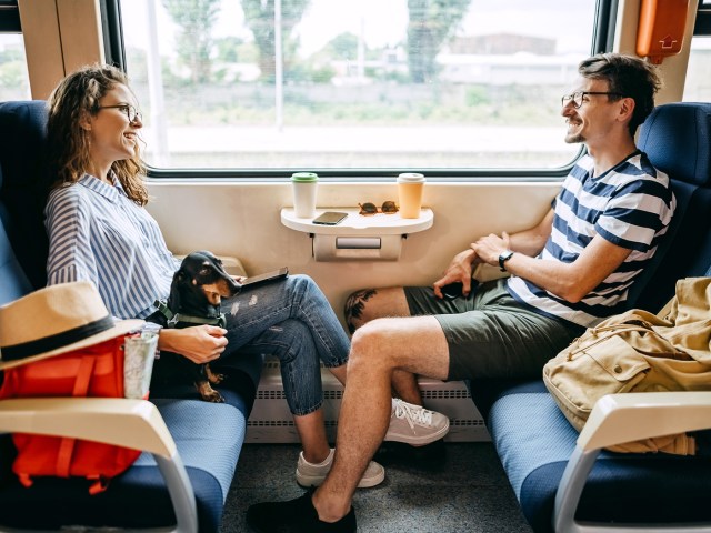 Pair of travelers in seats facing each other aboard train