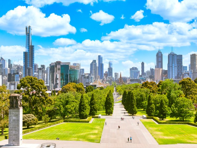 Aerial view of war memorial and skyline of Melbourne, Australia