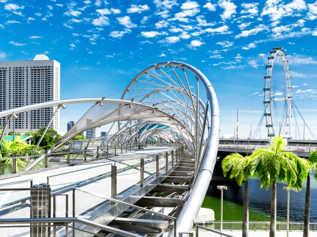View of the futuristic design of the Helix bridge in Singapore