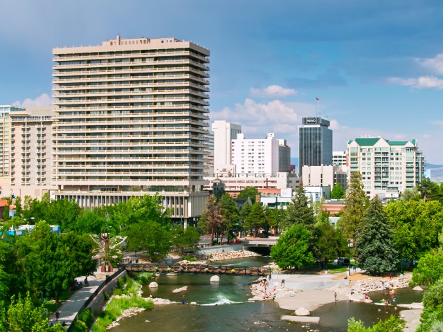 Skyscrapers along river in Reno, Nevada