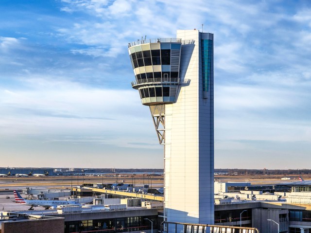 Control tower overlooking airfield operations at Philadelphia International Airport