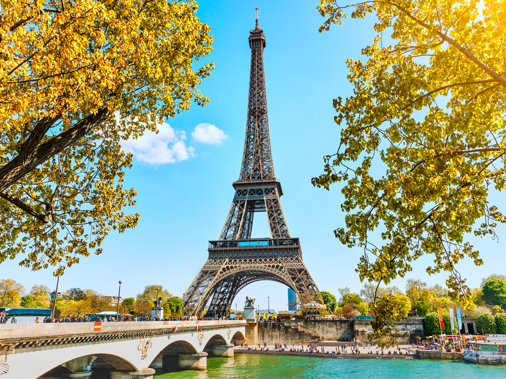 View of Eiffel Tower across Seine River in Paris, France