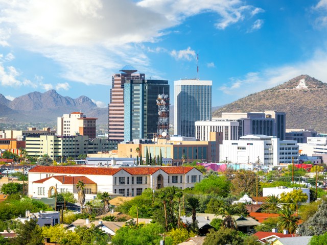 Skyline of Tucson, Arizona, framed by mountains