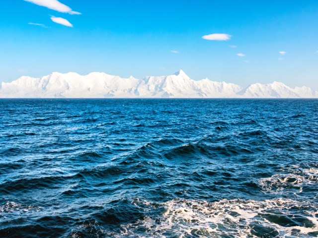 View of snowy South Shetland Islands across Drake Passage