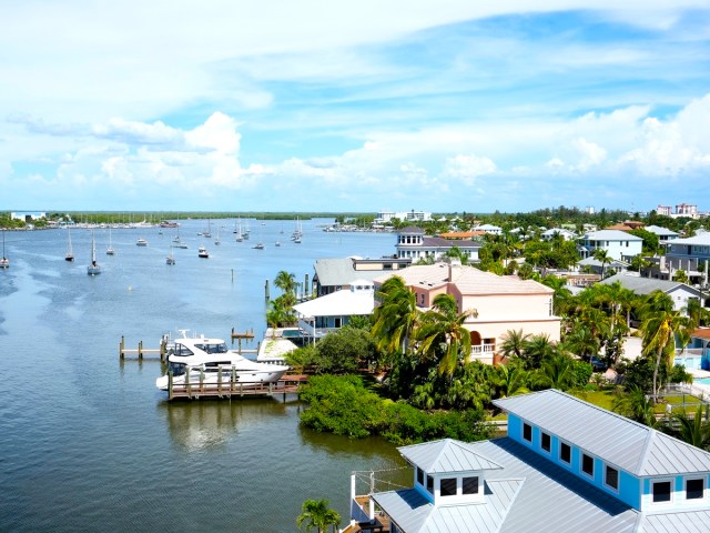 Homes along coastal waterway in Fort Myers, Florida, seen from above