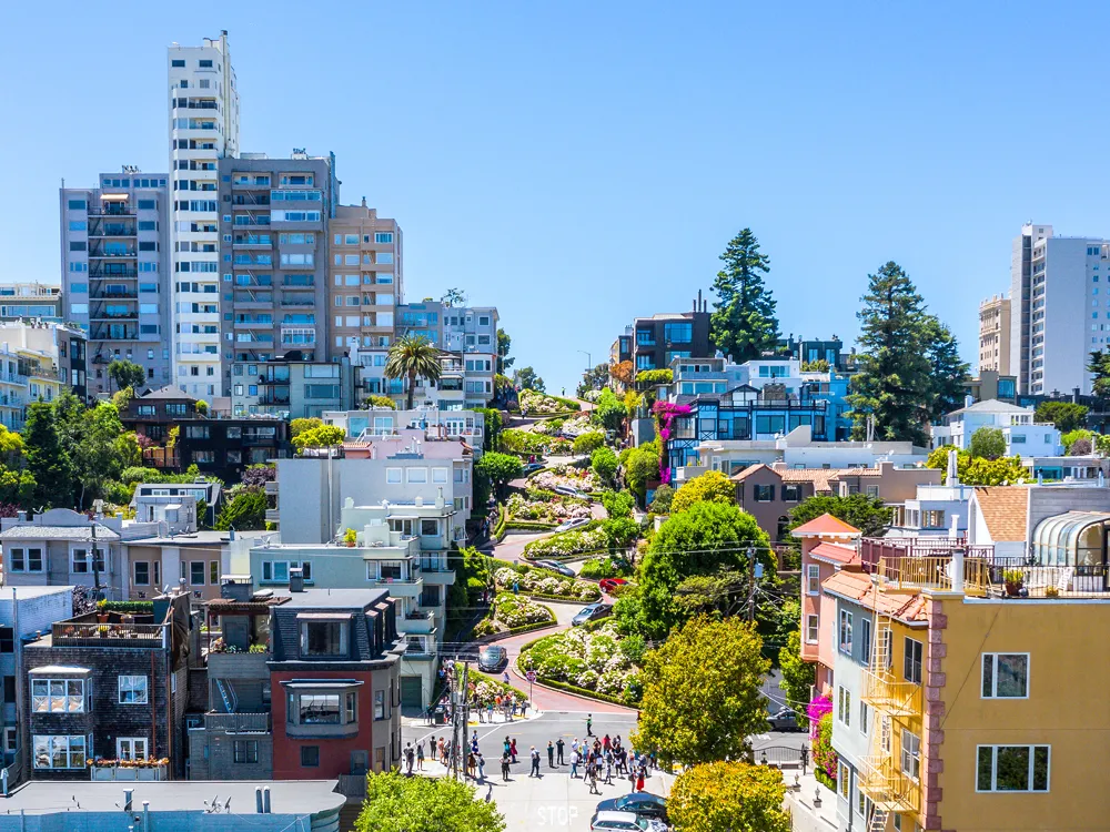 Aerial view of cars winding down Lombard Street in San Francisco, California