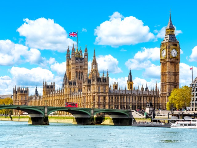 Big Ben and Houses of Parliament seen across the River Thames in London, England