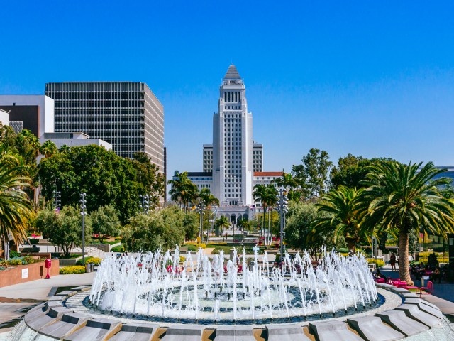 Fountain in front of Los Angeles City Hall in downtown Los Angeles, California