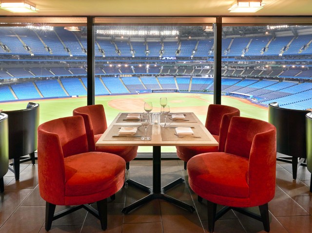 Dining table with view of baseball field at Rogers Centre in Toronto, Canada