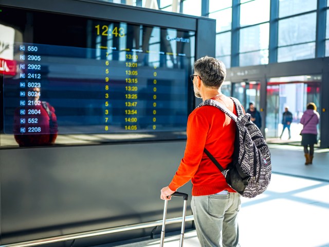 Traveler viewing departures and arrivals board at airport