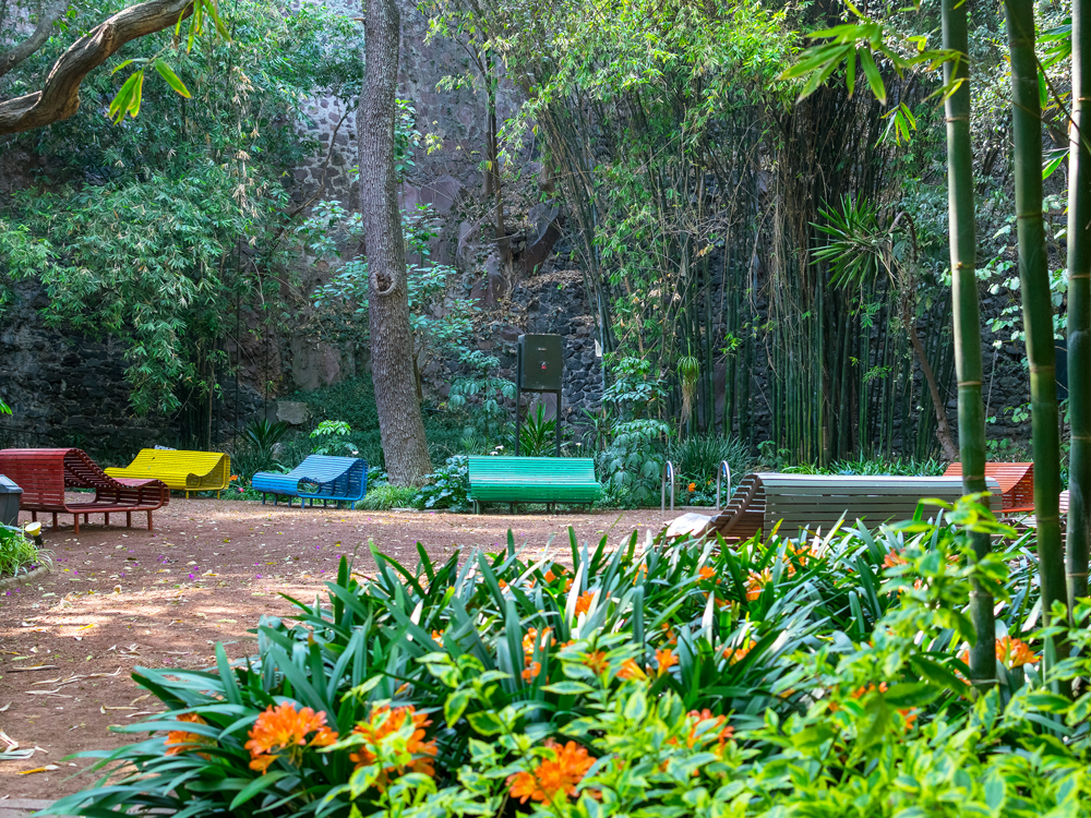 Colorful benches under shady trees in Mexico City's Chapultepec Park