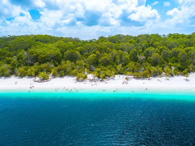 Aerial view of Lake McKenzie and island of K’gari in Australia