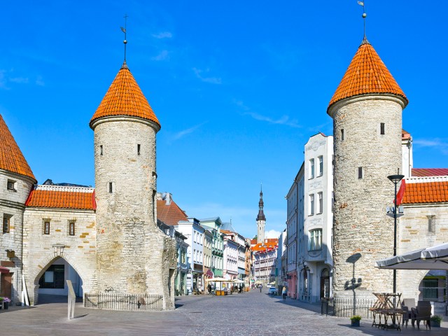 View of Old Tallinn, Estonia, through medieval Viru Gate 