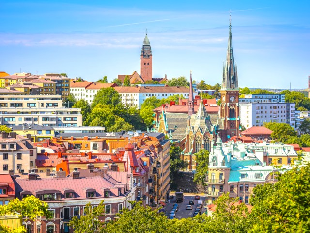 Aerial view of rooftops and church towers of Gothenburg, Sweden