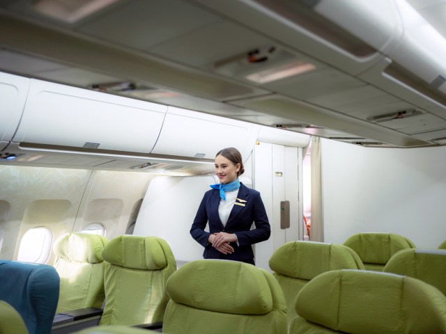 Flight attendant standing in aircraft aisle