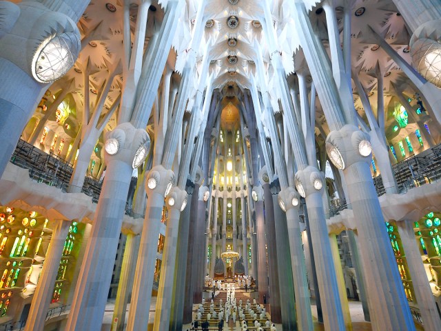 Distinctive Antoni Gaudí-designed interior of Sagrada Familía church in Barcelona, Spain