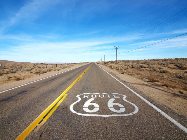 Route 66 marking on highway through Mojave Desert in California