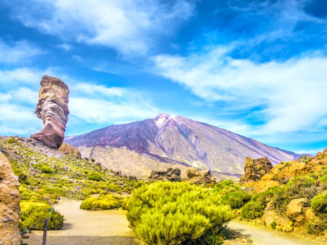 Rock formation with Mount Teide in Canary Islands in background