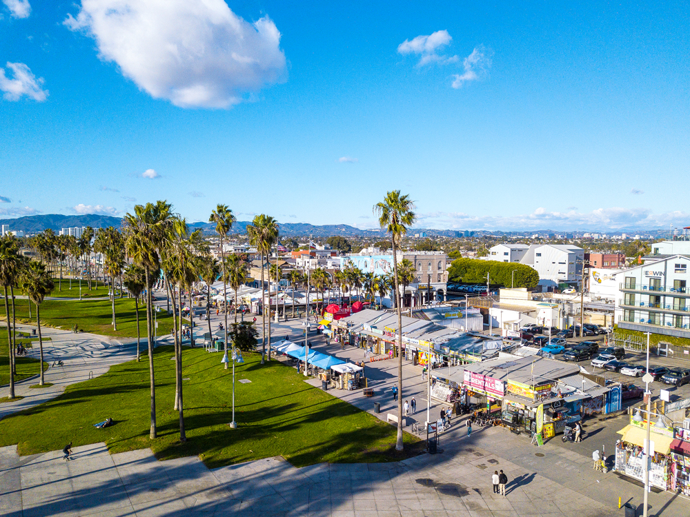 Aerial view of Venice Beach boardwalk today