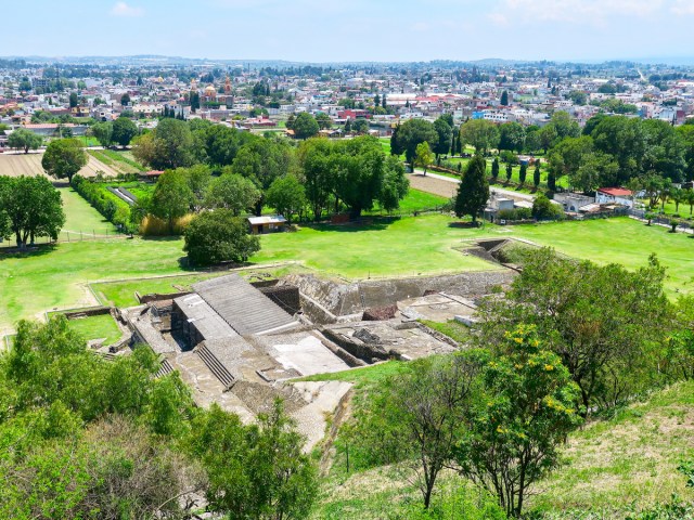 Aerial view of visible portion of Great Pyramid of Cholula in Mexico