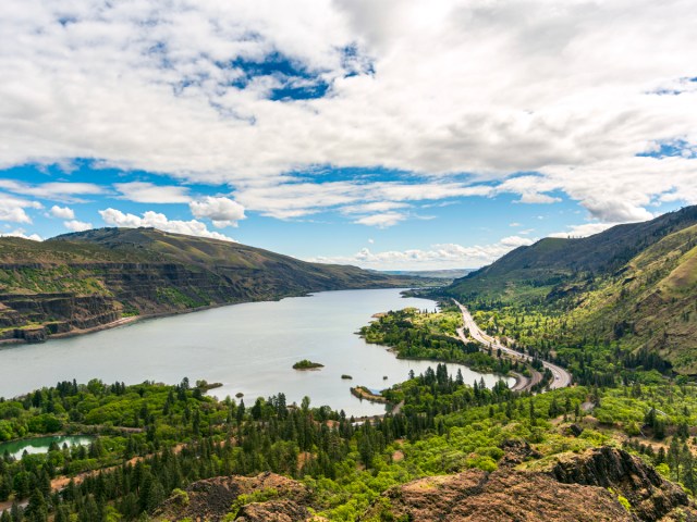 Aerial view of the Columbia River Gorge in Oregon and Washington