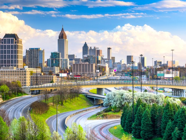 Highway interchange with Atlanta high-rises in background