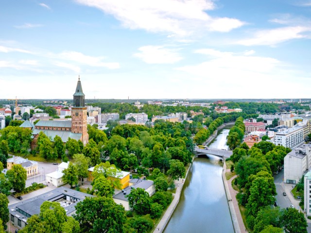 Cityscape and river of Turku, Finland, seen from above