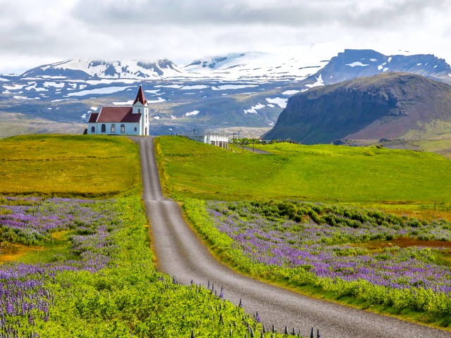 Dirt road leading to church in Iceland, with snowy mountains in background