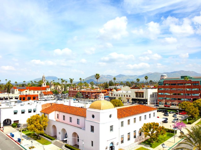 Aerial view of Spanish architecture in Riverside, California