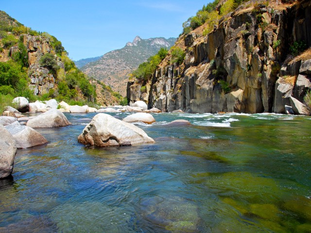 View of river at the bottom of Kings Canyon in California