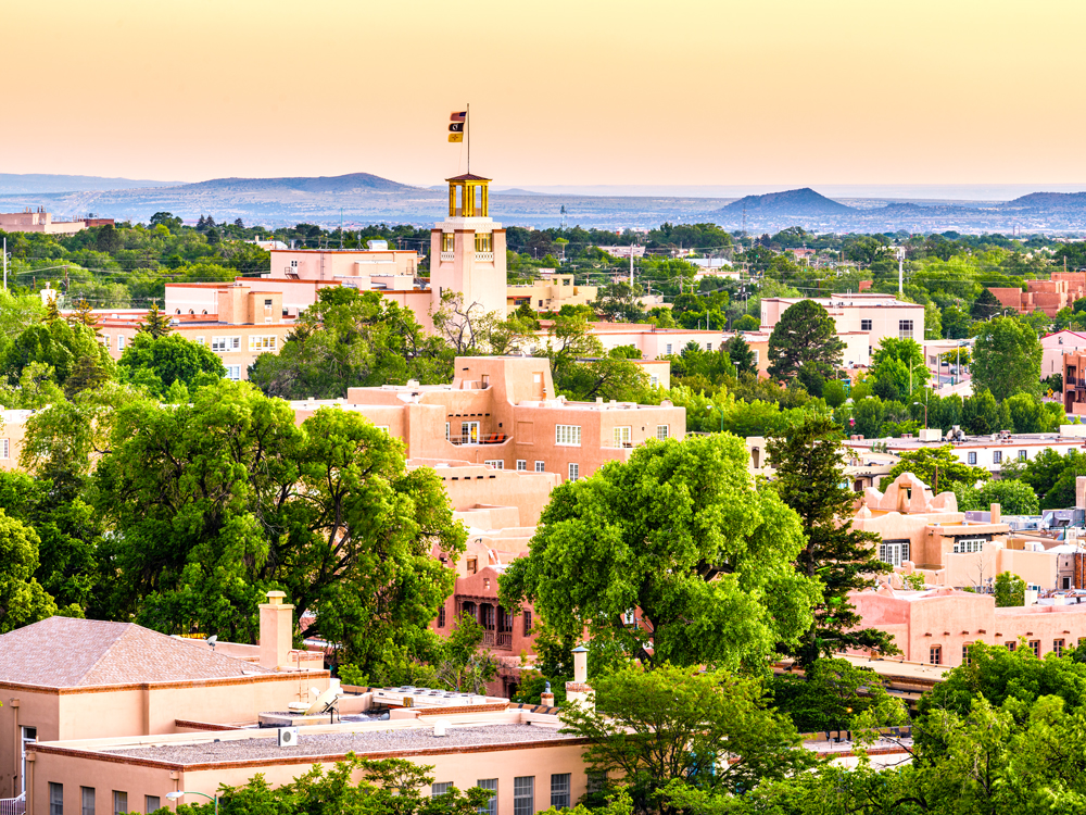 Cityscape of Santa Fe, New Mexico, seen at sunset