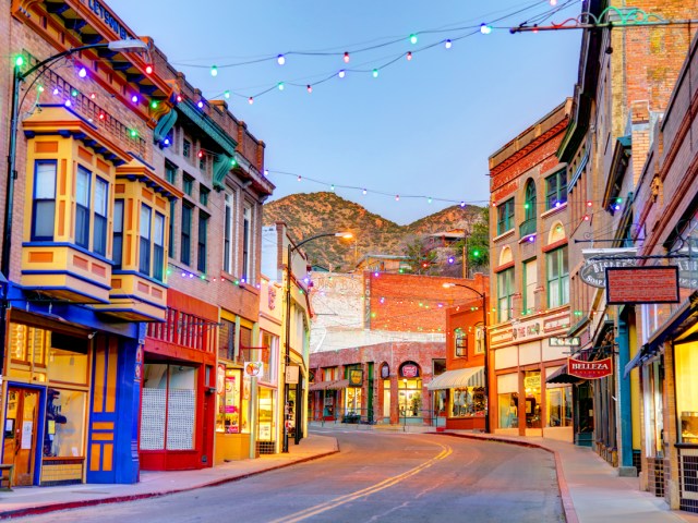 Colorful buildings with view of mountains in Bisbee, Arizona