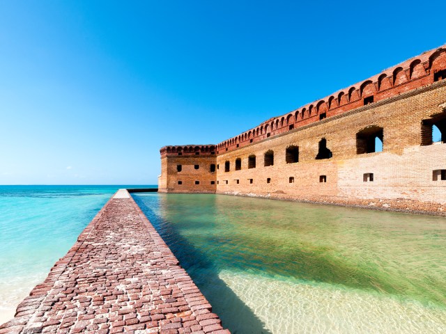 Stone fort surrounded by clear waters at Dry Tortugas National Park in Florida