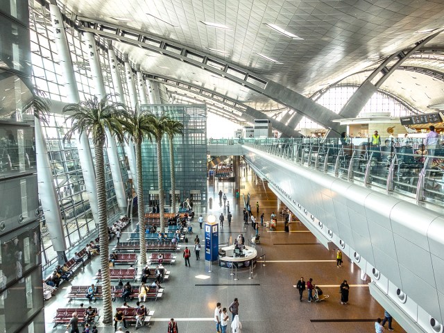 Expansive light-filled interior of Doha Hamad International Airport in Qatar