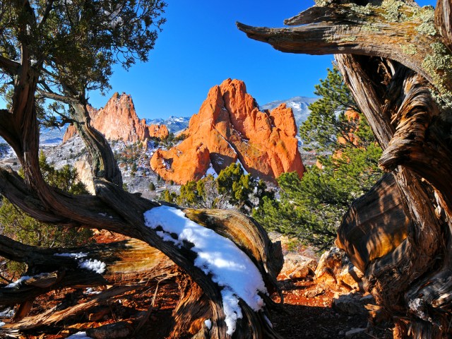 Landscape of Garden of the Gods in Colorado, partially covered in snow