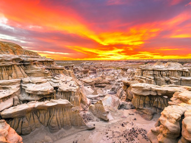 Rugged landscape of New Mexico Badlands at sunset