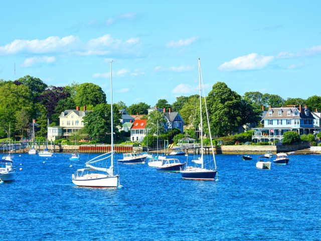 Sailboats in harbor off the coast of Newport, Rhode Island