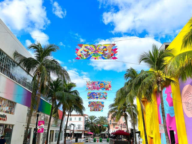 Colorful art above street in Wynwood neighborhood of Miami, Florida