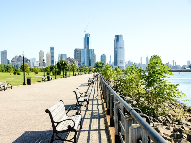 Benches along waterfront in Jersey City, New Jersey