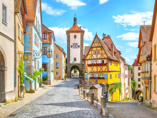 Cobblestone street in medieval town of Rothenburg ob der Tauber, Germany