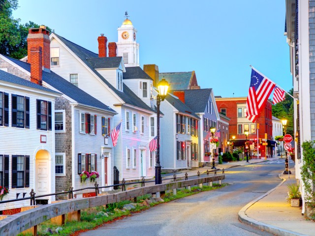 Street lined with colonial architecture in Plymouth, Massachusetts