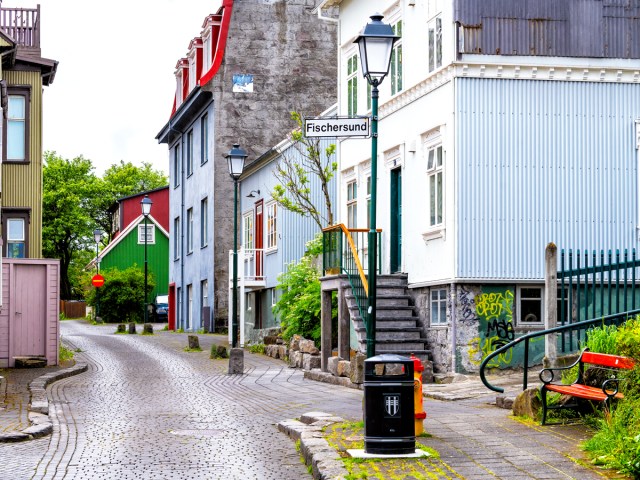 Quiet cobblestone lane in Reykjavik, Iceland